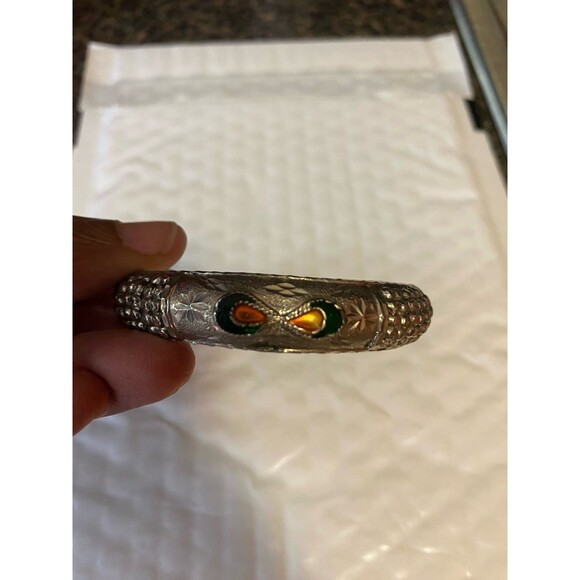 Antique Moroccan Berber Bangle Bracelet Inlaid Stones on Silver Tribal 3 inches